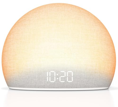 HOUSBAY Sunrise Alarm Clock with White Noise Sound Machine for Bedroom | Wake-Up Light, 5 Gentle Alarm Sounds, 20 Soothing Sleep Sounds, Dimmable Display, Phone-Free Bedside Clock, Fabric Finish