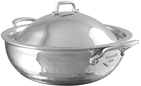 Mauviel 3.2 Quart M'Elite Hammered Curved Splayed Saute Pan with Lid, Stainless Steel, 9.4