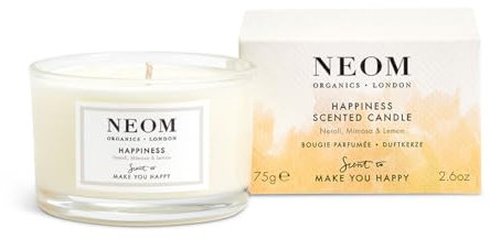 Neom- Happiness Scented Candle, Travel Size | Essential Oil Aromatherapy Candle | Neroli, Mimosa & Lemon | Scent to Make You Happy,White,1101175