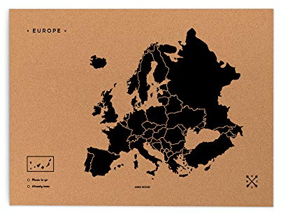 Miss Wood Woody Map L Karte von Europa aus Kork, schwarz (Schriftzug in englischer Sprache), (45x60cm)