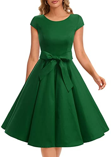 Dressystar Damen Vintage 50er Cap Sleeves Dot Einfarbig Rockabilly Swing Kleider L Armeegrün