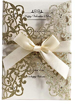 AdasBridal 50Pcs Glitter Floral Laser Cut Wedding Invitation Cards with Envelope Blank Inner Sheet and Ribbon for Wedding Engagement Bridal Shower Party Invite(7.09 X 4.92inch, Gold)
