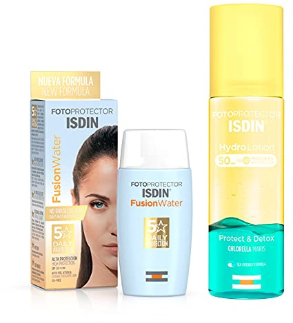 ISDIN PACK Protector Solar Facial Fusion Water SPF 50, Protector Solar Corporal HydroLotion SPF 50 Protect & Detox