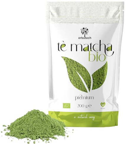 ERBOTECH Thé Matcha BIO/Thé Vert Japonais Biologique en Poudre, Sac de 200 g, Multivitamines 100% Naturel, Végétalien, Idéal pour les Desserts, les Smoothies, Thé glacé