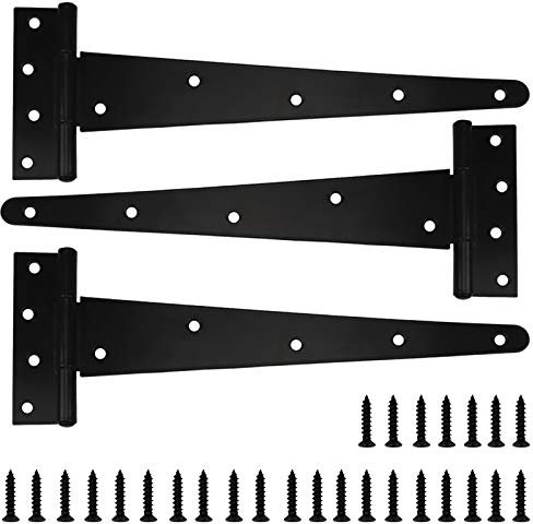 Heavy Duty T-Hinges 16 Inch (400mm) Tee Hinge for Wooden Door Gate, Black, 3 Pack, Matching Screws Included