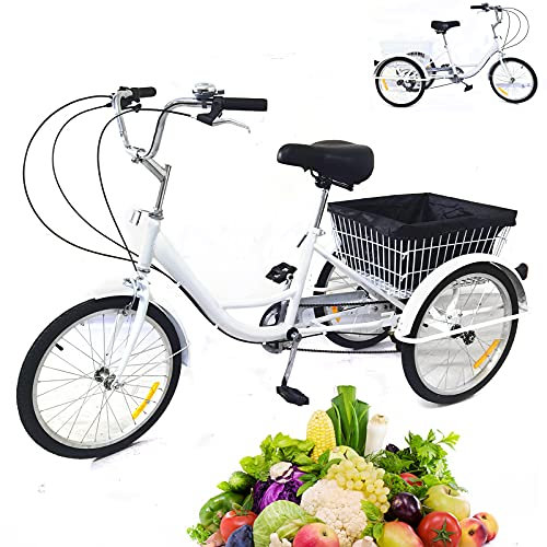 Futchoy Dreirad Für Erwachsene 20 Zoll Weiß 3 Rad Fahrrad Dreirad mit Einkaufskorb 8 Gänge Dreirad Trike Bike Radfahren Zahnräder Dreirad Erwachsenendreirad für Erwachsene und Senioren