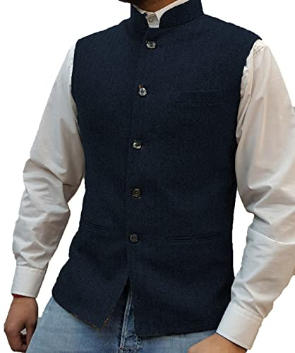 Tuikayoo HSLS Mens Herringbone Wool Vests Suit Business Tweed High Collar Waistcoats Slim Fit(Small, Navy)