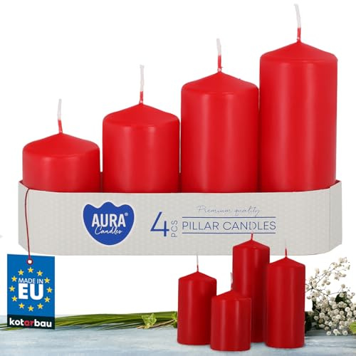 KOTARBAU® Pack de 4 velas cilindricas, Velas pilar, Velas gruesas sin perfume, Velas rojas, Velas navidad, Velas de columna, Velas decorativas, Velas para farolillos, Paquete de 4 velas