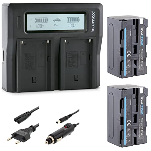2X Blumax Akku NP-F750 / NP-F550-5200mAh + Dual LCD-Ladegerät | kompatibel mit Sony NP-F570 NP-F970 NP-F990 für Blitzgeräte Videoleuchten Fieldmonitor