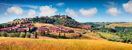 adrium Holz-Bild 80 x 30 cm: Bunte Frühlingsansicht der Stadt Pienza. Malerisches Morgenpanorama der Toskana, San Quirico d Orcia, Italien, Europa.(116440352)