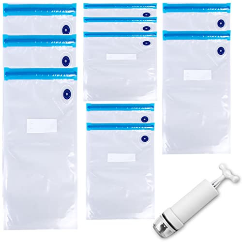 Sacchetti Sottovuoto per Alimenti - 10 Riutilizzabili Con 1 Pompa Manuale, Set Senza BPA per Sous Vide
