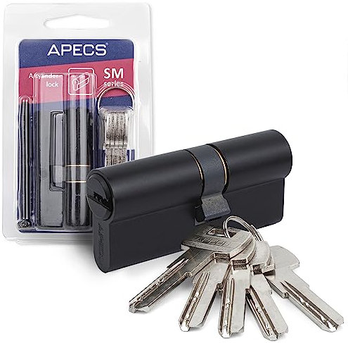 APECS Cerradura cilíndrica de perfil negro, 75 (35/40) mm para cerradura de puerta con 5 llaves, modelo SM-75(35/40)-BLM