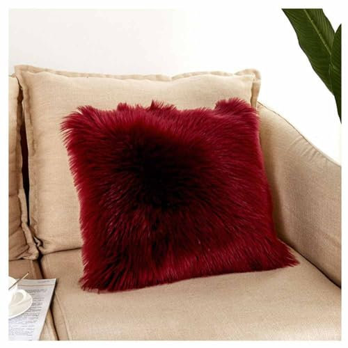 SHTGOI Kunstfell Kissenbezüge Flauschige Langhaar Kissenhülle Dekorative Einseitiger Pelz-Sofa-Kissenbezug Superweich Zierkissenbezüge Couchkissen Bezüge für Sofa,Stuhl,Bett 40 * 40cm Weinrot