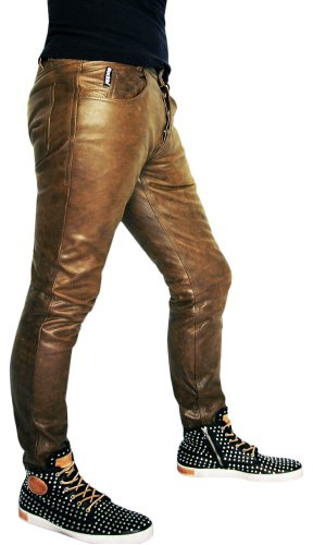 Bockle® Tube Cracker läderbyxor läderbyxor hem jeans, kastanj, 38W x 36L