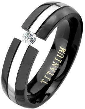 Paula & Fritz® Ring Damen Schwarz Silber Zirkonia Klar Titan Grade 2 Größe 52 (16,6) 6-mm breit Partnerring Verlobungsring Spannring Ehering Herrenring