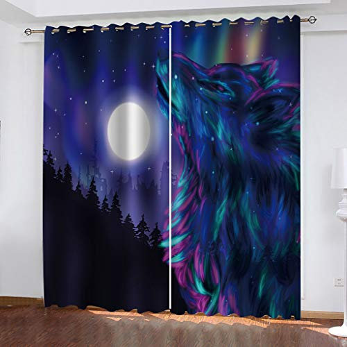 Gardinen Wohnzimmer Kinderzimmer Verdunkelungsvorhang 3D Vollmond-Cartoon-Tierwolf Digitaldruck Vorhänge Blickdicht Schlafzimmer Thermovorhang Mit Ösen, 2Er Set 264X240Cm