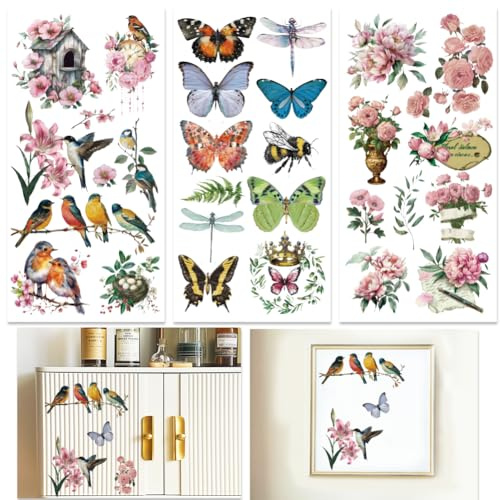INFUNLY 3 Blatt Blumen Abziehbilder Zum Basteln 6x12 Schmetterlinge Möbel Abziehbilder Zum Aufreiben Vintage Blumen Abziehbilder Zum Aufreiben Wasserfest Für Holz Glas Scrapbook DIY Papier Heimdekora