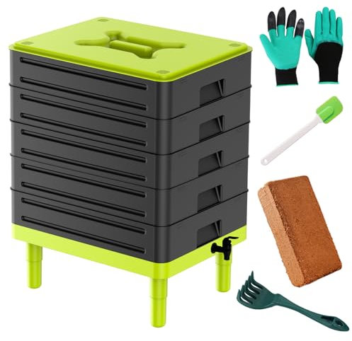 TOP XIAN 5-Tray Worm Composter,100L WormCompost Bin for Vermicomposting Starter, Indoor & Outdoor Worms Farm Composting Bin, Worm Compost Bin for Recycling Food Waste (Black)