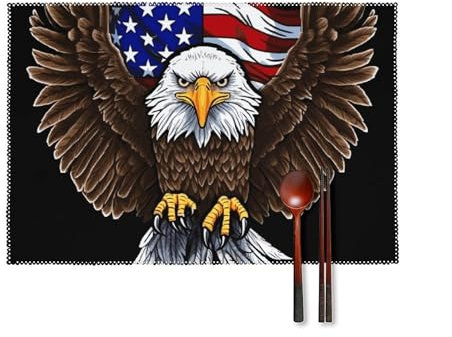 Platzsets für den Esstisch USA-Flagge Patriotischer Adler Platzsets 6er Set rutschfeste hitzebeständige Tischmatten waschbare Tischplattenschutzmatte für drinnen und draußen, quadratische Essmatten