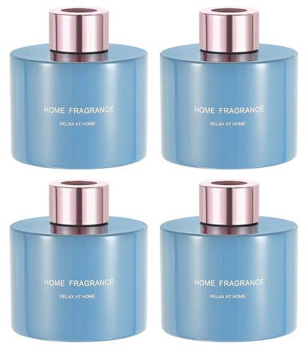 QUARKZMAN 4Pcs Botella de Difusor de Vidrio Vacía 140ml/4.7Oz Accesorios de Fragancia Recargable Tarro de Aromaterapia Hogar Baño Azul con Tapa de Tono Dorado