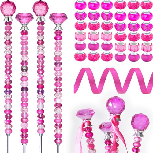 119 Stück Gartenstecker DIY Feenstab Pflanzenstecker mit Rose Rot Großes Loch Perlen Kristall Diamant Stopper Top 4 Edelstahl Gewindestange Perlen Gartenstecker für Außen Innen Hof Terrasse