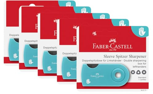 FABER-CASTELL - Linkshänder Spitzer Sleeve Türkis, 5 Stück | Doppelspitzer mit Behälter für Linkshänder, Anspitzer für Blei- und Buntstifte
