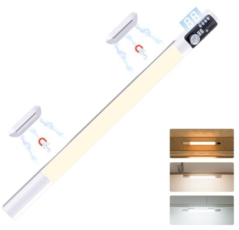 Quntis Reglette LED Cuisine Détecteur de Mouvement 38CM Lampe de Bureau sans Fil 3 Couleurs Réglable 3 Modes, Barre Lumineuse sous Meuble Aimantée Éclairage Rechargeable Batterie pour Armoire Placard