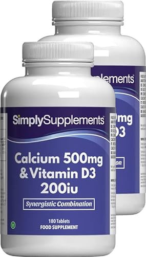 Calcium 500 mg et vitamine D3 200 IU | Os et dents sains | Contribue à une fonction musculaire normale | Convient aux végétariens et végétaliens | 360 comprimés = 6 mois | Fabriqué au Royaume-Uni