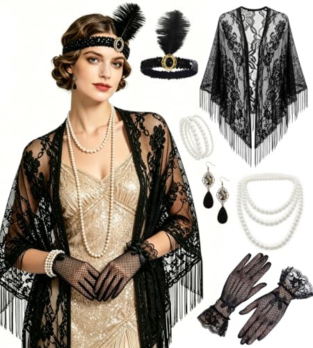 Ginkago 20er Jahre Accessoires Damen 20er Jahre Charleston Kostüm Perfekte für 20er Jahre Kostüm Damen, Karneval, Halloween (Schwarz-6PCS)