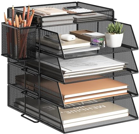 Bandeja apilable de 4 Niveles para Oficina, Organizador de Papeles para Escritorio, bandejas para Archivos, Accesorios para Escritorio de Oficina con Soporte para bolígrafos - Noir