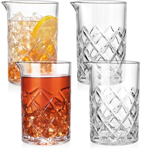 4 pack Cocktail Mixing Glass Bartender | 24oz Crystal Bar Stirring Glass | Old Fashioned Cocktail Beaker | Clear Drinks Stirred Pitcher Professional Whiskey Barware Bartending Mixer