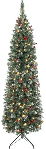HOMCOM Albero di Natale Slim 180 cm Artificiale, Luci Incorporate in 8 Modalità, 461 Rami Folti Ignifughi Innevato, 42 Pigne e 42 Grappoli di Bacche, Albero Natale Stretto e Alto con Base in Metallo