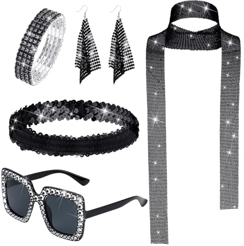 NebulaGlam 70er Jahre Disco Zubehör Accessoires Kostüm Glitzer Pailletten Stulpen, Disco Sonnenbrille Ohrringe Armband und Stirnband, 70er 80er Jahre Outfit Damen für Fasching Karneval (Schwarz)