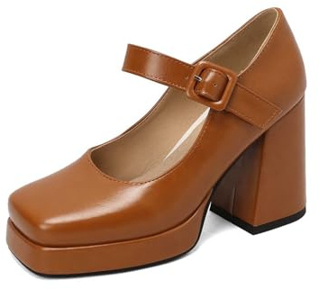 Mary Janes Chaussures pour femme avec boucle fermée, talons hauts, plateforme, escarpins rétro pour mariage, fête, danse, soirée, mariage, chaussures à talons hauts, chaussures traditionnelles, marron