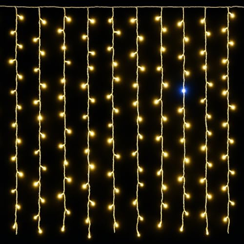 IXTRIMA Tenda Luminosa 200 LED, 5Mt, Luce Giallo, Cavo Bianco, IP65, Prolungabile, Effetto Flash, Con fili uniformi da 50 cm, ghirlanda nataliza, negozi, balcone natale