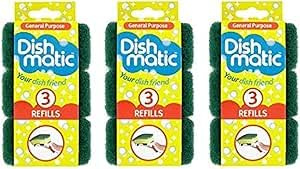 Dishmatic Scouring Sponge Refills, Green, Pack of 9, 3 Packs of 3