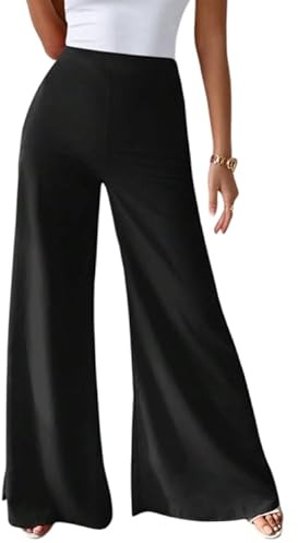 Pantalon femme taille haute fabriqué en Italie – jambe large, palazzo élégant et décontracté, élastique à la taille, look bureau ou loisirs, Noir , XS