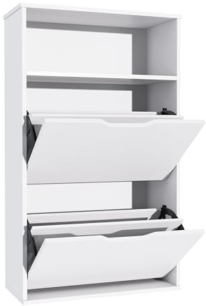 Garvishk Garvis Doppellagig Schuhschrank 2 Klappen + Ablage – Hohe Kapazität (12 Paar) – Schmal 60x102x28 cm – MDF Weiß Rustic (Weiß Doppellagig)