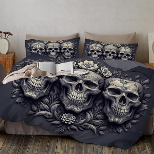 Twin Duvet Cover Sets - Skull Flowers Pattern Print Reversible Duvet Set (1x Quilt Cover, 1 x Pillowcases) Soft Microfibre Bedding Bed Set 68x 90, Gray-Black