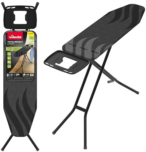 Vileda Tabla de Planchar Total Reflect Ultimate, Planchado Extra rápido, Extra Robusta, Superficie de Planchado Amplia, Altura Ajustable, Reposa Plancha XXL, Fácil de Plegar y de Guardar