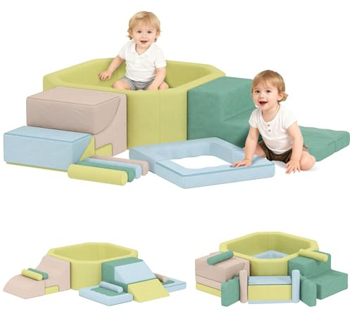 AIYAPLAY Parcours motricité bébé en Mousse 15 PCS avec Piscine à balles, Module motricité bébé Housse Amovible et Lavable, Soft Play Corner Climber pour Tout-Petits 3 Ans+, Multicolore