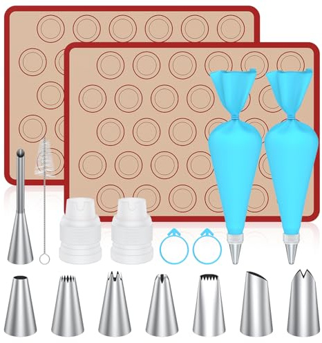 Frapkom Macaron Silicone Baking Mats, 2 Nonstick Macaroon Mat Silicone, 7 Piping Tips, 2 Piping Bags, 2 Bag Ties, 2 Couplers, 1 Puff Tip, 1 Brushes, 17 Pcs Macaron Baking Kits for Macarons Cookies