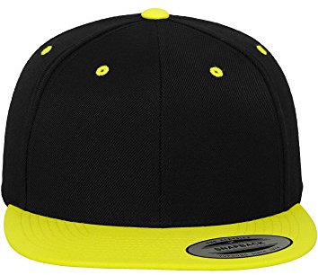 Yupoong Flexfit Unisex Kappe Classic Snapback 2-Tone, zweifarbige blanko Cap mit geradem Schirm, One Size Einheitsgröße für Männer und Frauen, Farbe blk/neonyellow
