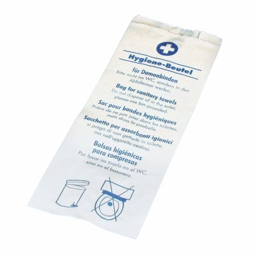 Hygiene Beutel/Hygienefaltenbeutel für Damenbinden (bedruckt in 5 Sprachen / 28 x 12 x 3 cm - 200 Stück)