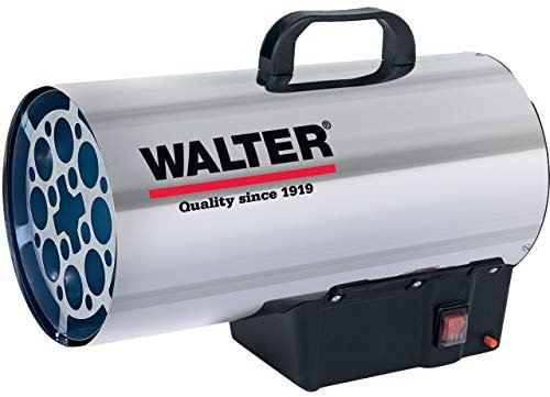 WALTER Gasheizkanone L aus hochwertigem Edelstahl mit Piezozündung und Propankonstantregler, verwendbar mit handelsüblichen LPG-Mehrwegflaschen, inkl. Propanschlauch und Propankonstantregler