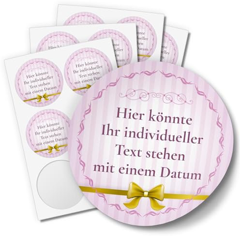 24 PERSONALISIERTE runde Etiketten mit Motiv: Rosa gestreift mit Schleife gold - Ihre Aufkleber online selbst gestaltet, ganz individuell