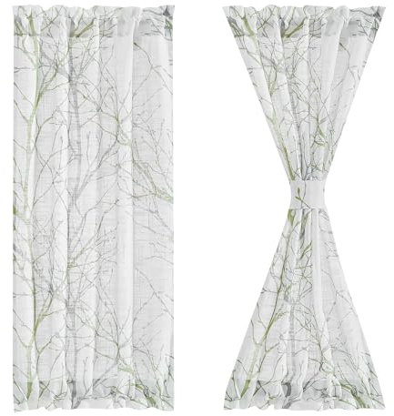 FMFUNCTEX Sheer French Door Curtains 40 Inches Long Green White Semi-Sheer Patio Half Door Panel Branch Tree Print Curtains for Glass Door with 1 Tieback 50 Inches Wide 1 Panel