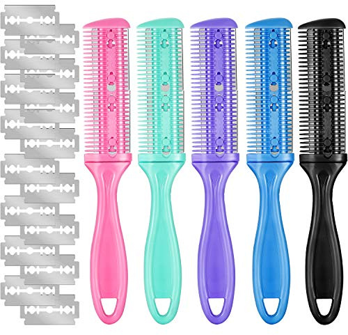 Boao 5 Pieces Dual-Sided Cutting Scissors, 20 Razors, and Thinning Comb with Double Edge for Precise Slim Haircuts (5 Colors)