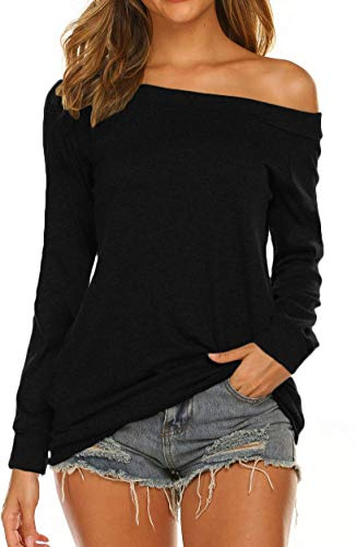 Lalala Tshirt para mujer de verano, prenda de manga larga/corta con hombros descubiertos, camisa elegante, Negro , S