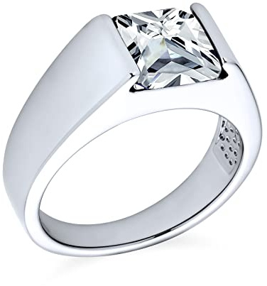 Traditioneller Unisex Personalisierter 3CT Simulierter Blauer Saphir AAA CZ Quadratischer Prinzessschliff Solitär Herren Verlobungsring Kleiner Finger Ring Versilbert Für Männer Anpassbar